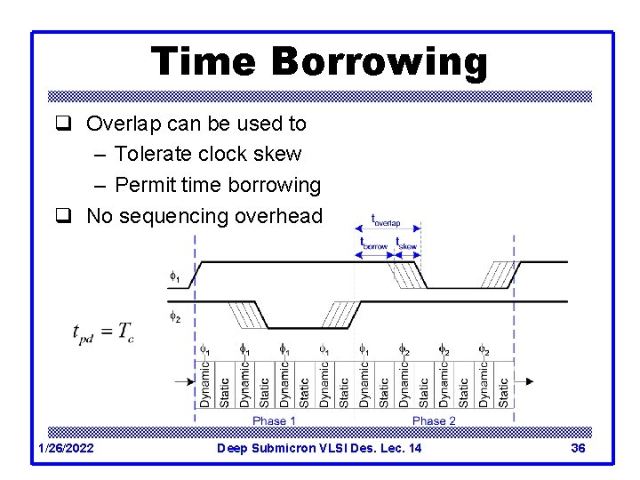 Time Borrowing q Overlap can be used to – Tolerate clock skew – Permit