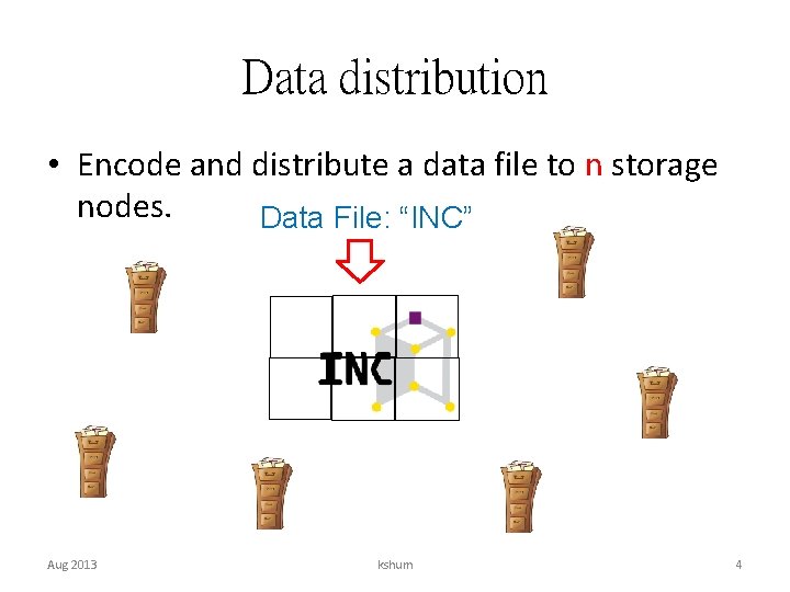 Data distribution • Encode and distribute a data file to n storage nodes. Data