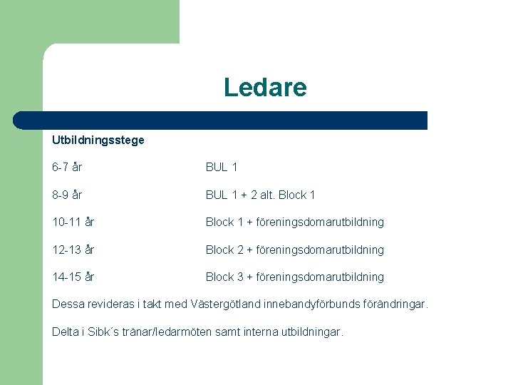 Ledare Utbildningsstege 6 -7 år BUL 1 8 -9 år BUL 1 + 2