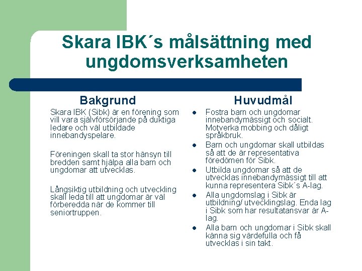 Skara IBK´s målsättning med ungdomsverksamheten Bakgrund Skara IBK (Sibk) är en förening som vill