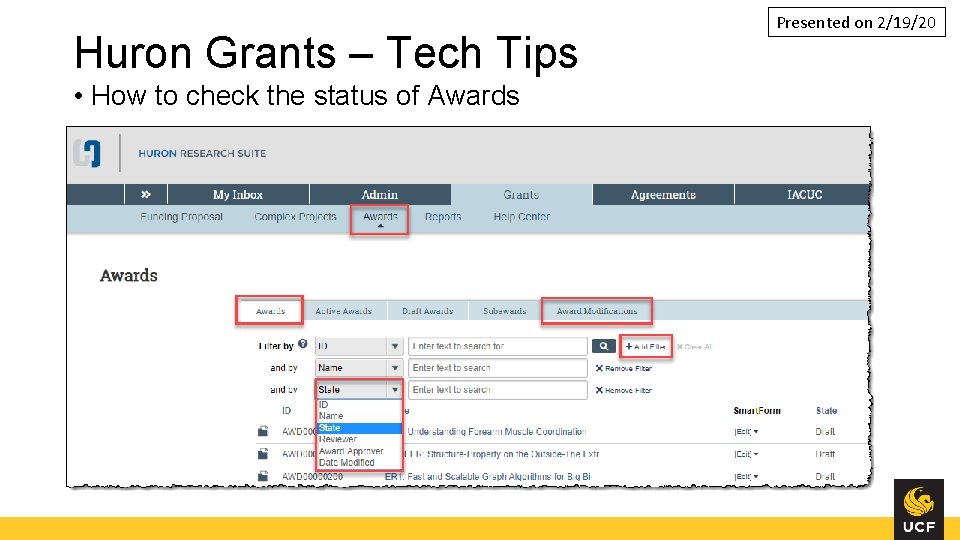 Huron Grants – Tech Tips • How to check the status of Awards Presented