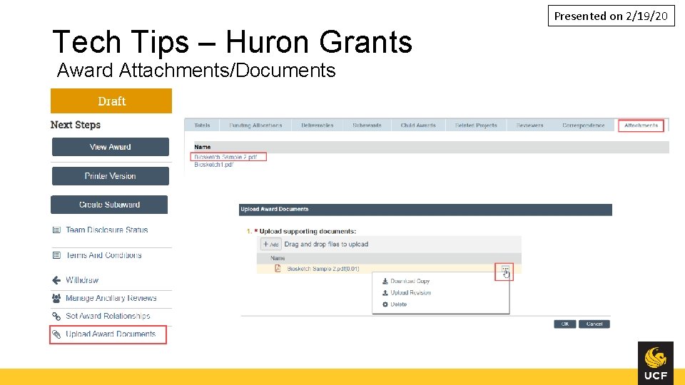 Presented on 2/19/20 Tech Tips – Huron Grants Award Attachments/Documents 