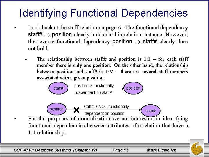 Identifying Functional Dependencies • Look back at the staff relation on page 6. The