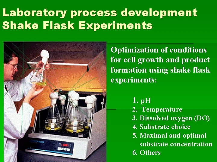 Laboratory process development Shake Flask Experiments Optimization of conditions for cell growth and product