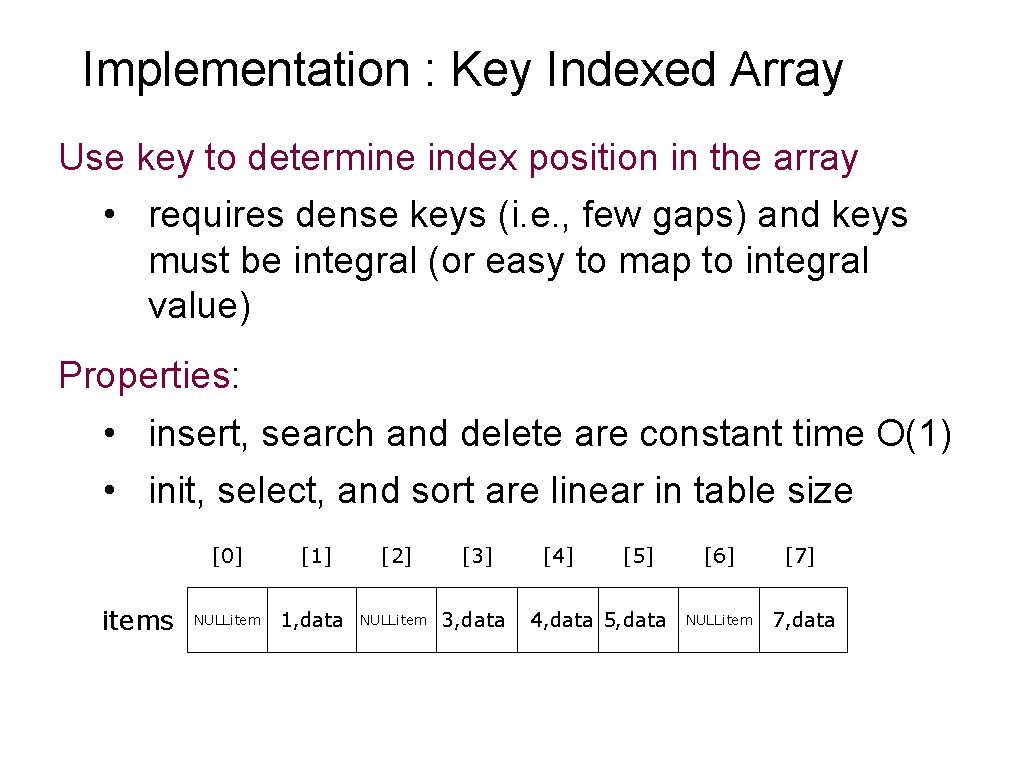 Implementation : Key Indexed Array Use key to determine index position in the array