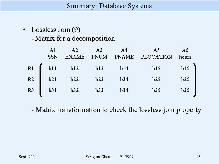 Summary: Database Systems • Lossless Join (9) - Matrix for a decomposition A 1