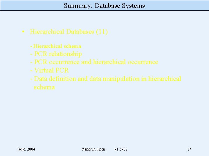 Summary: Database Systems • Hierarchical Databases (11) - Hierarchical schema - PCR relationship -