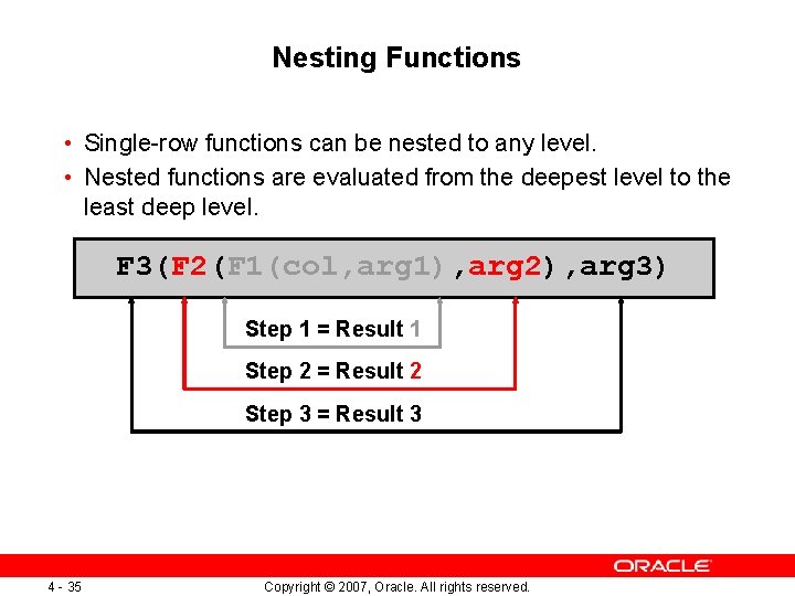 Nesting Functions • Single-row functions can be nested to any level. • Nested functions