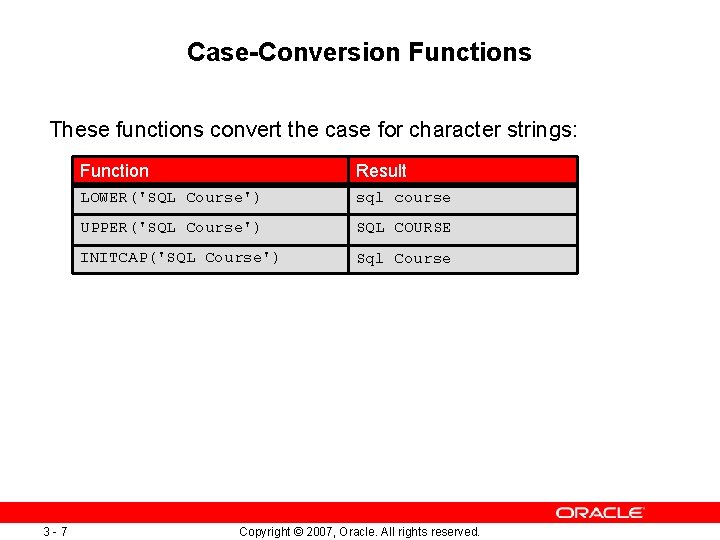 Case-Conversion Functions These functions convert the case for character strings: 3 -7 Function Result