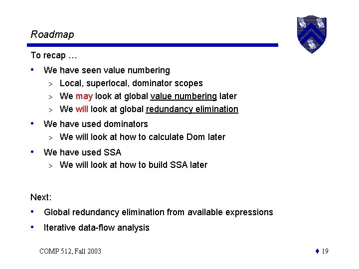 Roadmap To recap … • We have seen value numbering Local, superlocal, dominator scopes