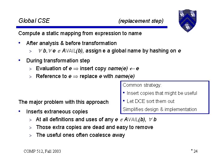 Global CSE (replacement step) Compute a static mapping from expression to name • After