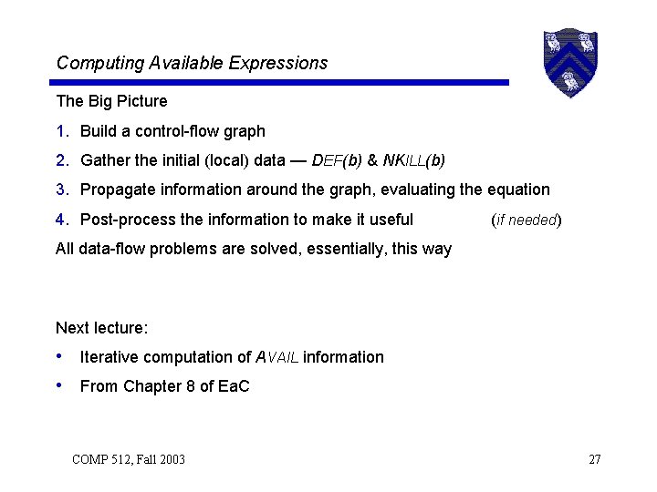 Computing Available Expressions The Big Picture 1. Build a control-flow graph 2. Gather the