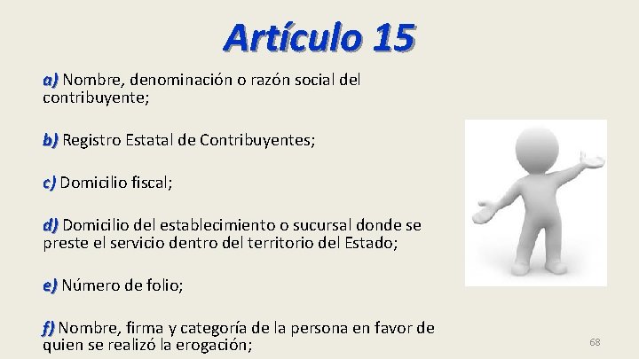 Artículo 15 a) Nombre, denominación o razón social del contribuyente; b) Registro Estatal de