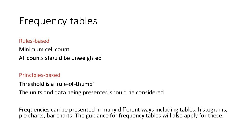 Frequency tables Rules-based Minimum cell count All counts should be unweighted Principles-based Threshold is