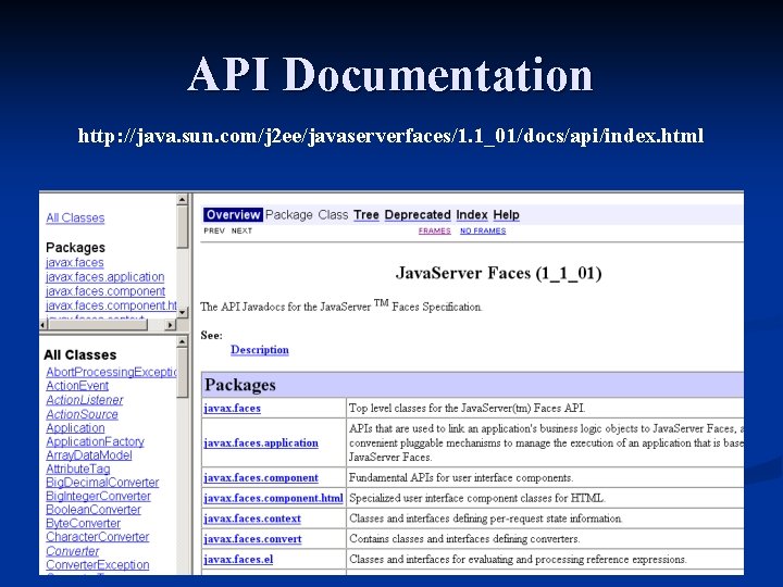 API Documentation http: //java. sun. com/j 2 ee/javaserverfaces/1. 1_01/docs/api/index. html 