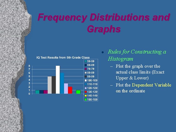 Frequency Distributions and Graphs l Rules for Constructing a Histogram – Plot the graph