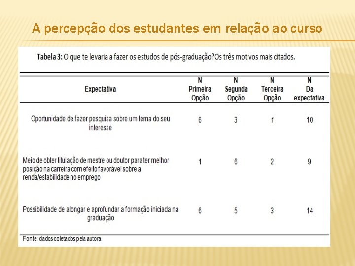 A percepção dos estudantes em relação ao curso 