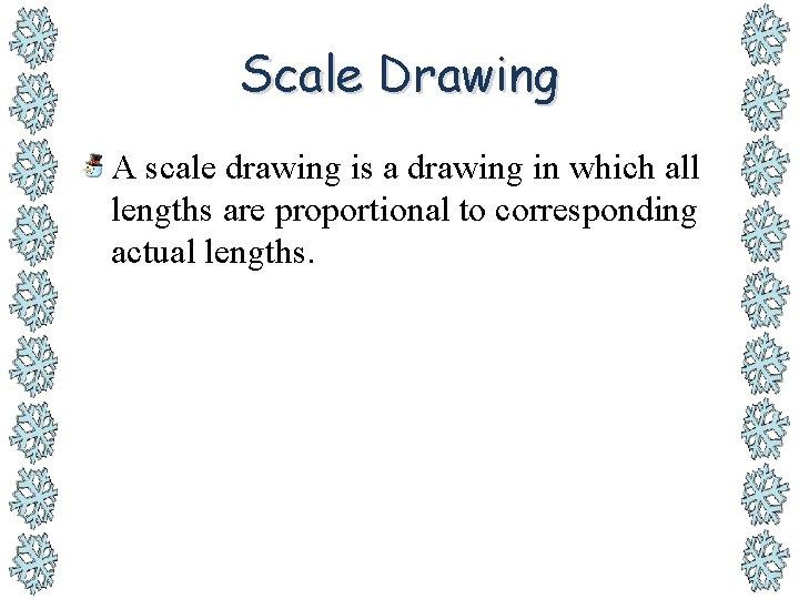 Scale Drawing A scale drawing is a drawing in which all lengths are proportional
