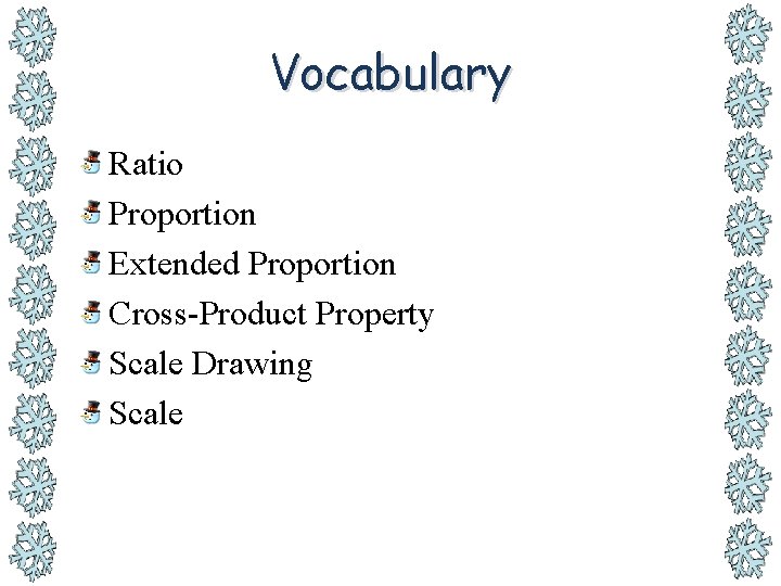 Vocabulary Ratio Proportion Extended Proportion Cross-Product Property Scale Drawing Scale 