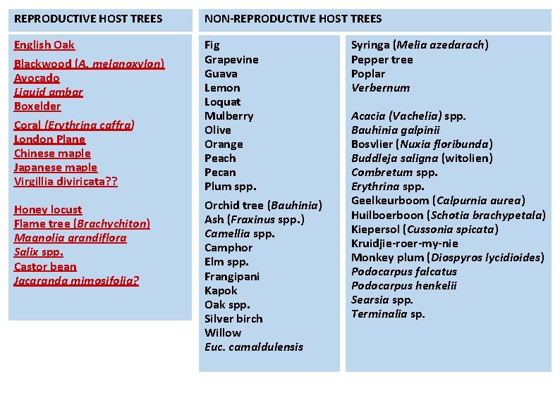 REPRODUCTIVE HOST TREES NON-REPRODUCTIVE HOST TREES English Oak Blackwood (A. melanoxylon) Avocado Liquid ambar