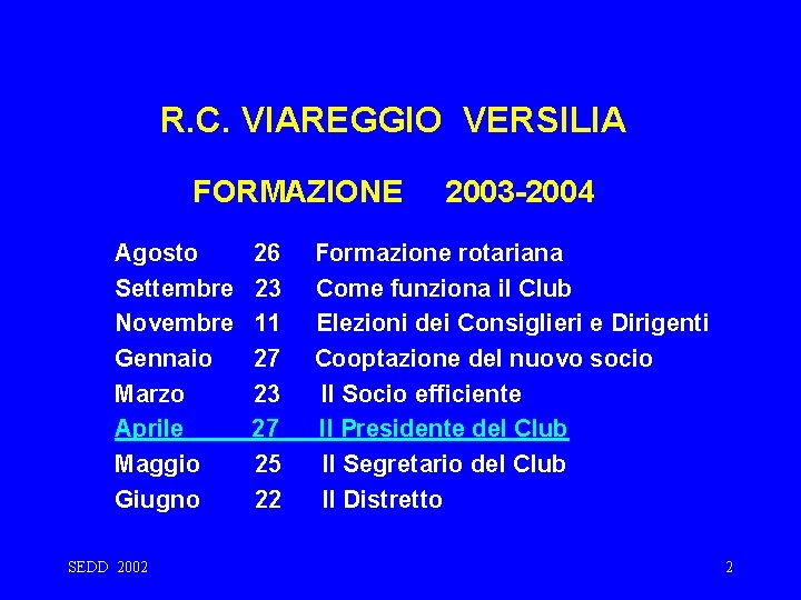 R. C. VIAREGGIO VERSILIA FORMAZIONE Agosto Settembre Novembre Gennaio Marzo Aprile Maggio Giugno SEDD