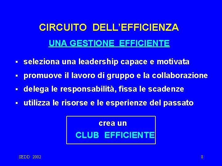 CIRCUITO DELL’EFFICIENZA UNA GESTIONE EFFICIENTE § seleziona una leadership capace e motivata § promuove