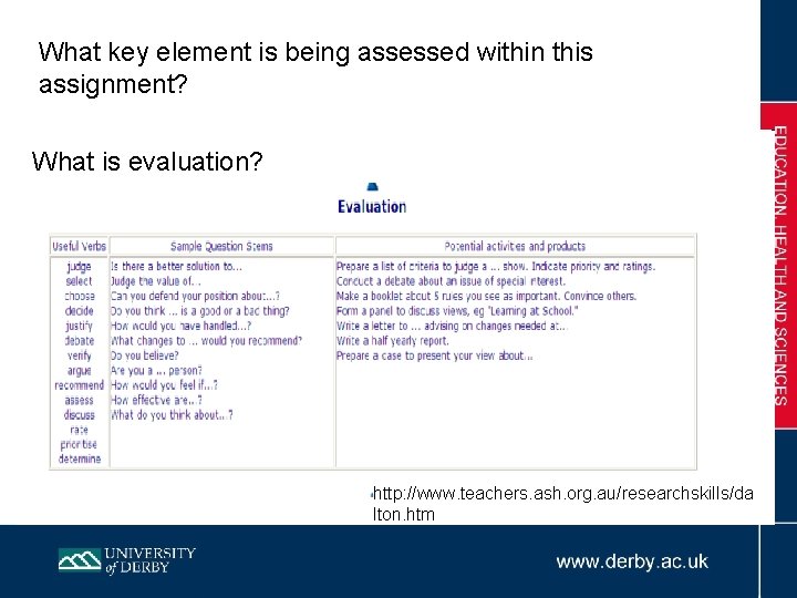 What key element is being assessed within this assignment? What is evaluation? http: //www.