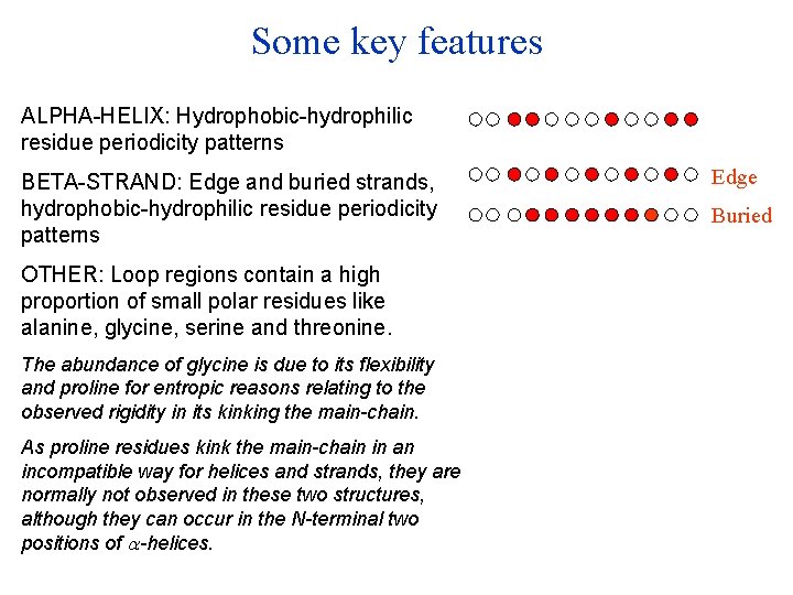 Some key features ALPHA-HELIX: Hydrophobic-hydrophilic residue periodicity patterns BETA-STRAND: Edge and buried strands, hydrophobic-hydrophilic