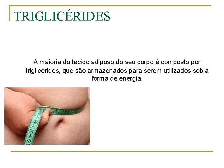 TRIGLICÉRIDES A maioria do tecido adiposo do seu corpo é composto por triglicérides, que