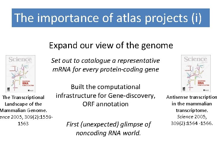 The importance of atlas projects (i) Expand our view of the genome Set out