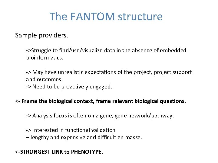 The FANTOM structure Sample providers: ->Struggle to find/use/visualize data in the absence of embedded