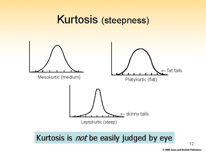 Kurtosis (steepness) fat tails Mesokurtic (medium) Platykurtic (flat) skinny tails Leptokurtic (steep) Kurtosis is