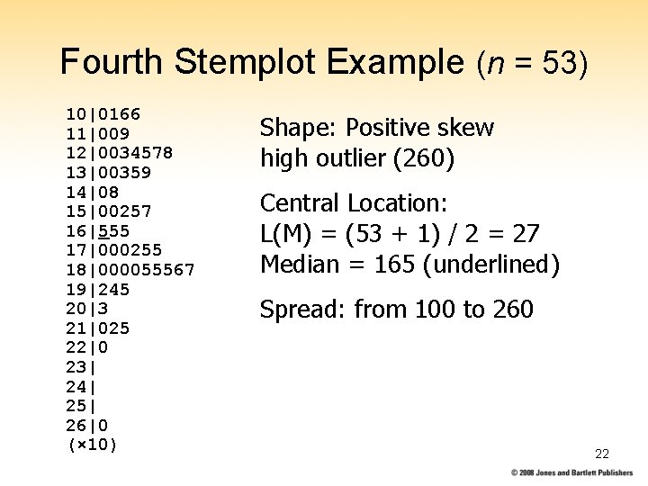 Fourth Stemplot Example (n = 53) 10|0166 11|009 12|0034578 13|00359 14|08 15|00257 16|555 17|000255
