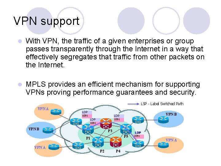 VPN support l With VPN, the traffic of a given enterprises or group passes