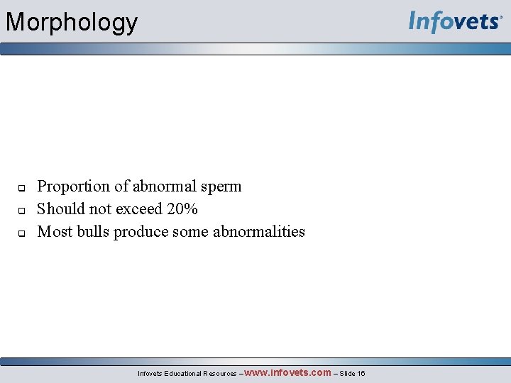 Morphology Proportion of abnormal sperm Should not exceed 20% Most bulls produce some abnormalities