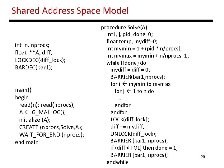 Shared Address Space Model int n, nprocs; float **A, diff; LOCKDEC(diff_lock); BARDEC(bar 1); main()