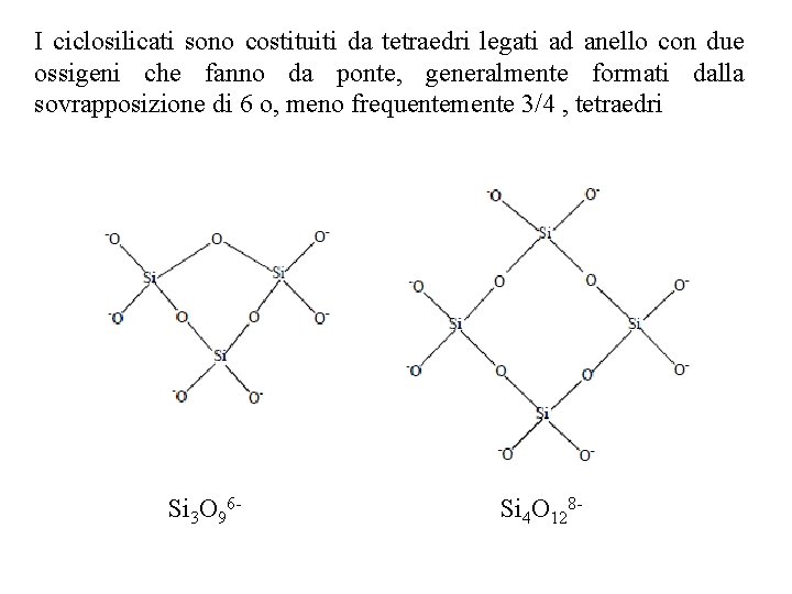 I ciclosilicati sono costituiti da tetraedri legati ad anello con due ossigeni che fanno