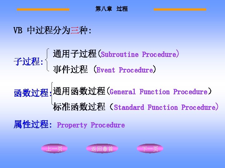 第八章 过程 VB 中过程分为三种: 子过程: 通用子过程(Subroutine Procedure) 事件过程 (Event Procedure) 函数过程: 通用函数过程(General Function Procedure）