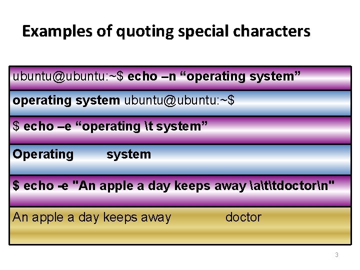Examples of quoting special characters ubuntu@ubuntu: ~$ echo –n “operating system” operating system ubuntu@ubuntu: