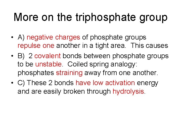 More on the triphosphate group • A) negative charges of phosphate groups repulse one