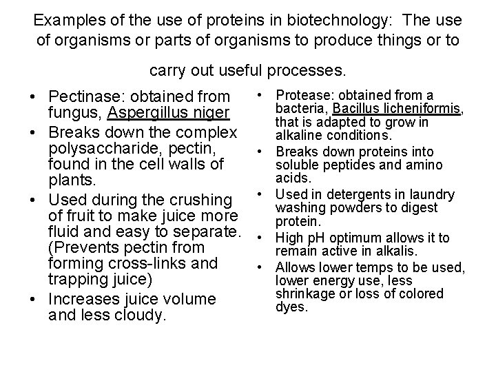 Examples of the use of proteins in biotechnology: The use of organisms or parts