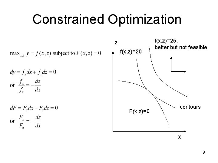 Constrained Optimization z f(x, z)=20 F(x, z)=0 f(x, z)=25, better but not feasible contours