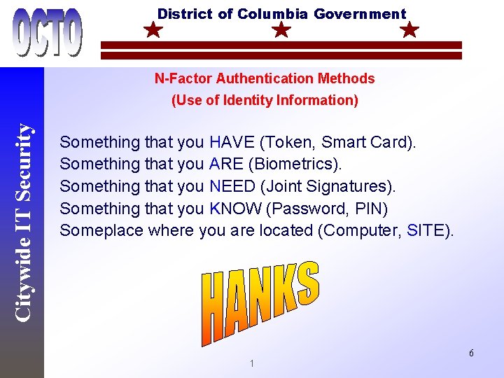 District of Columbia Government N-Factor Authentication Methods Citywide IT Security (Use of Identity Information)