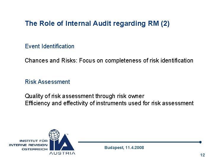 The Role of Internal Audit regarding RM (2) Event Identification Chances and Risks: Focus