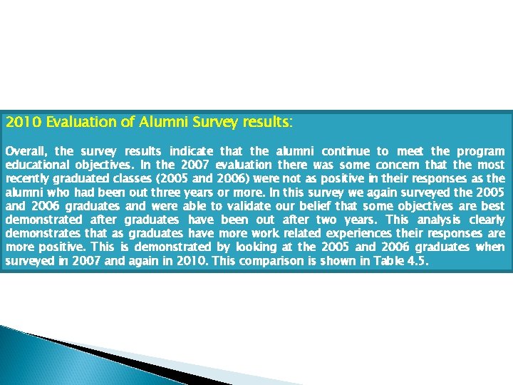 2010 Evaluation of Alumni Survey results: Overall, the survey results indicate that the alumni