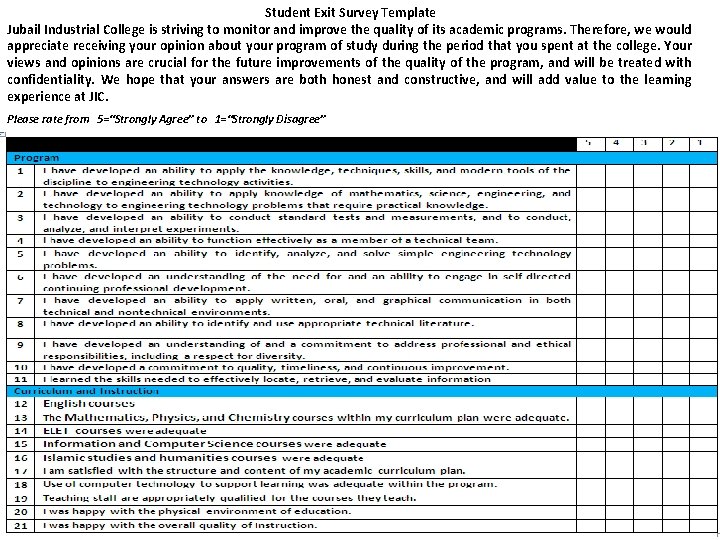 Student Exit Survey Template Jubail Industrial College is striving to monitor and improve the