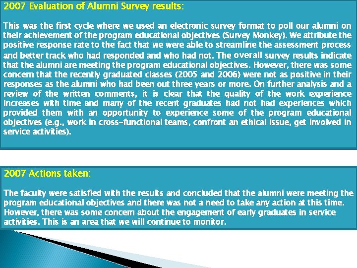 2007 Evaluation of Alumni Survey results: This was the first cycle where we used