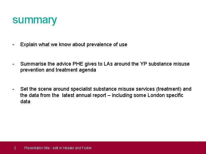 summary - Explain what we know about prevalence of use - Summarise the advice