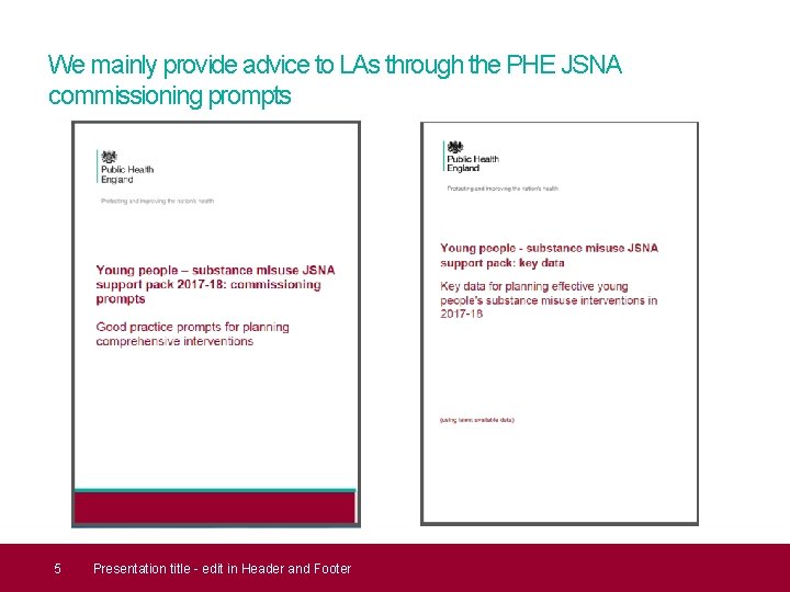 We mainly provide advice to LAs through the PHE JSNA commissioning prompts 5 Presentation