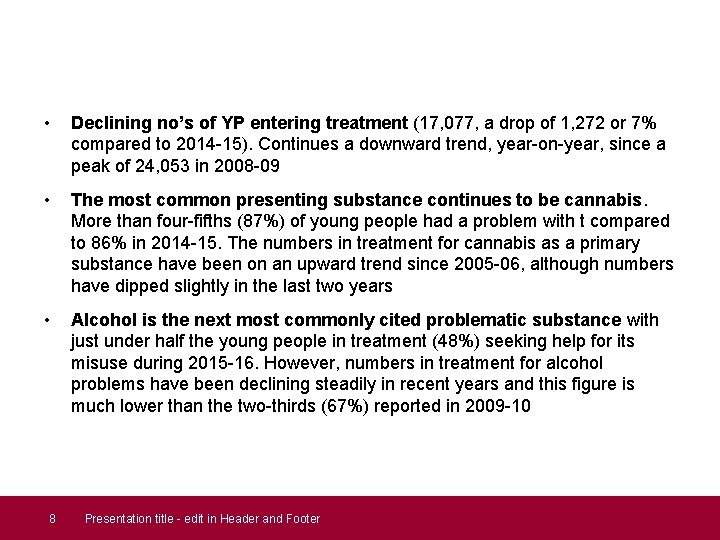  • Declining no’s of YP entering treatment (17, 077, a drop of 1,